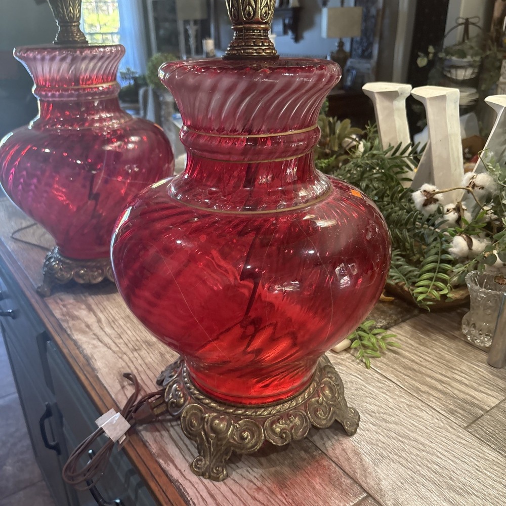 Vintage Hollywood Regency Mid Century Mod Table Lamps Ruby Red Globe Metal Base